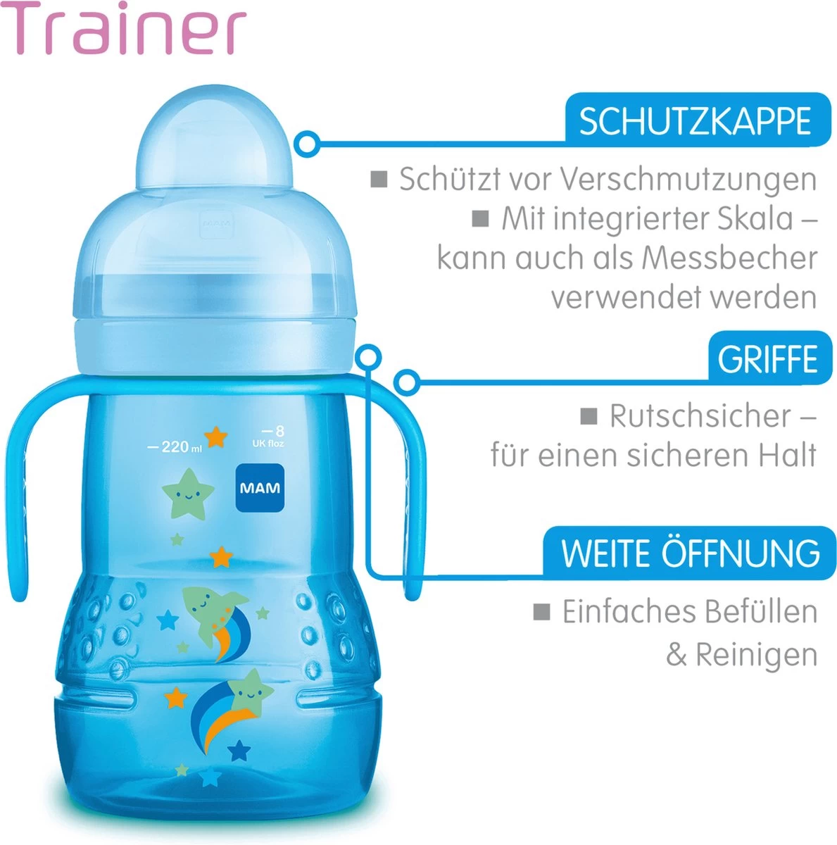 MAM Trainer+ | MAM Drinkbeker | MAM Drinkfles | Blauw | 220ML - Afbeelding 4