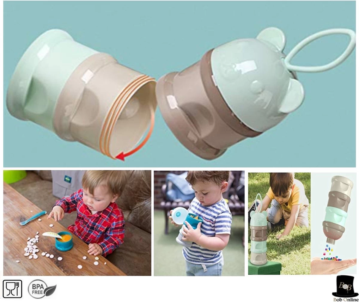 Bob Online ™ – Blauw Beer – Melkpoeder Doseerdoosje + Rietje – BPA-vrij – Melkpoeder Toren Blauw – Melkpoedertoren – Milk Powder Tower – Milk Powder Dispenser – Bewaar Bakjes – Reisbox – Bewaardoosje – Herbruikbaar Rietje – Baby Training Straw - Afbeelding 6