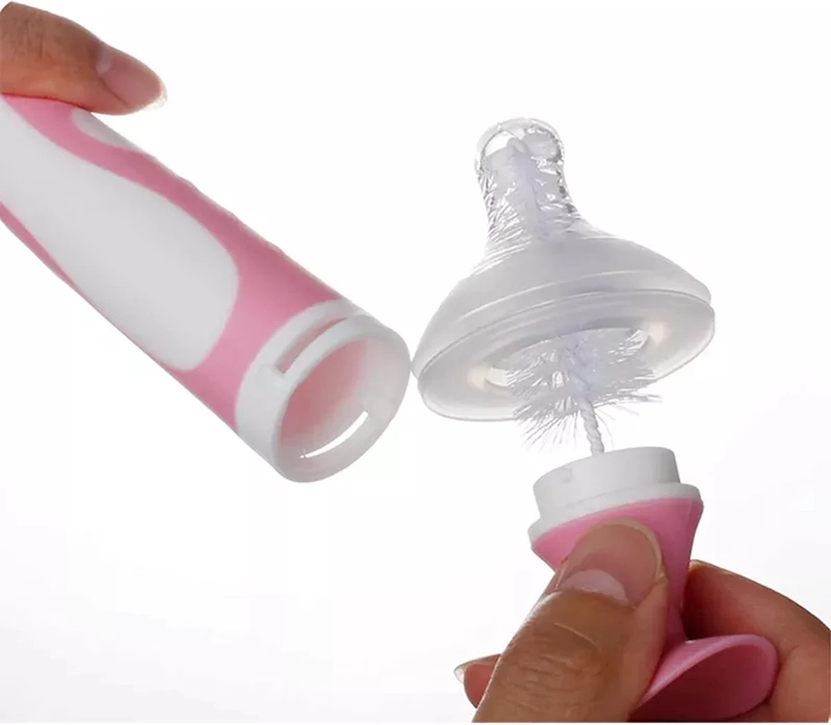 Merkloos Flessenborstel - Schoonmaakborstel Babyfles - Flessenreiniger - Fles Afwasborstel - Borstel Voor Drinkbus Of Drinkfles - Silicone - Duurzaam - Roze - Afbeelding 4