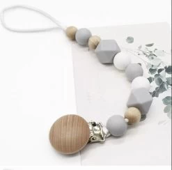 Speenkoord - Baby - Siliconen & Hout Kralen - BPA Vrij - Jongen - Meisje - Licht Grijs