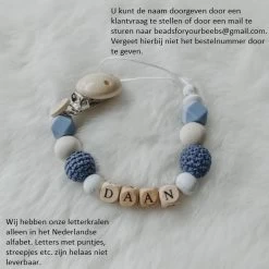 Babybeads - Speenkoord Met Naam - Donkerblauw Met Grijs - Gepersonaliseerd Kraamcadeau