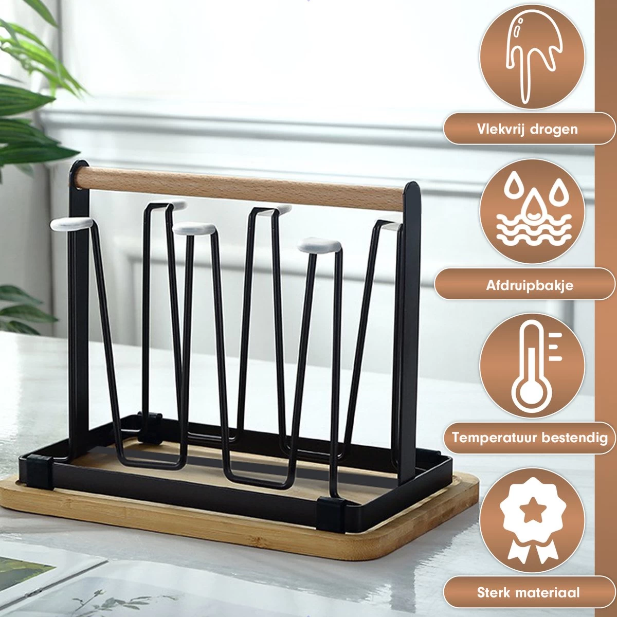 Flessenrek - Droogrek Babyfles - Flessen Rek Baby - Flessendroogrek - Afdruiprek - Afwasrek - Flessenrekje - Lekbak - Égouttoir - Zwart Met Houten Handvat - Vetalo - Afbeelding 7