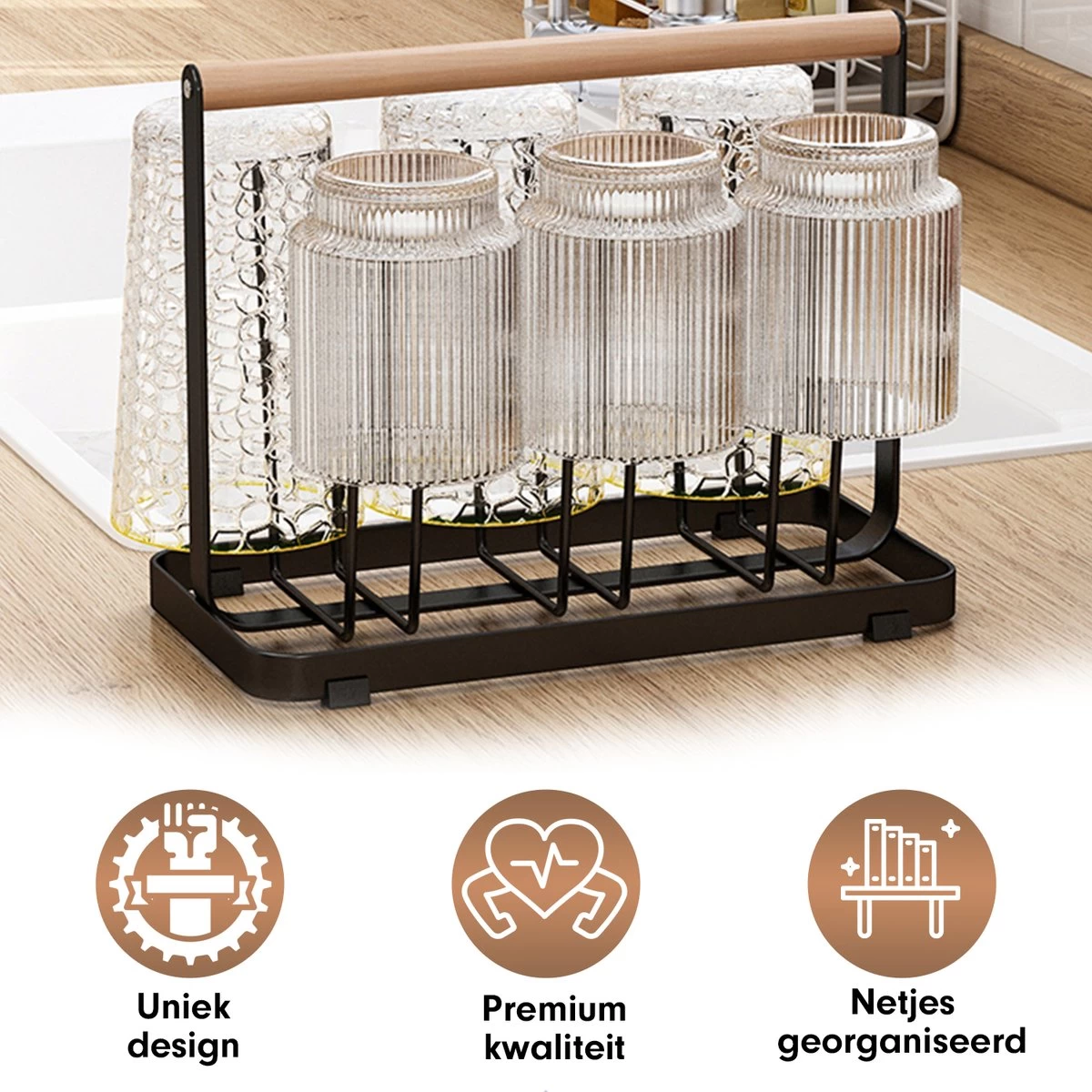 Flessenrek - Droogrek Babyfles - Flessen Rek Baby - Flessendroogrek - Afdruiprek - Afwasrek - Flessenrekje - Lekbak - Égouttoir - Zwart Met Houten Handvat - Vetalo - Afbeelding 9