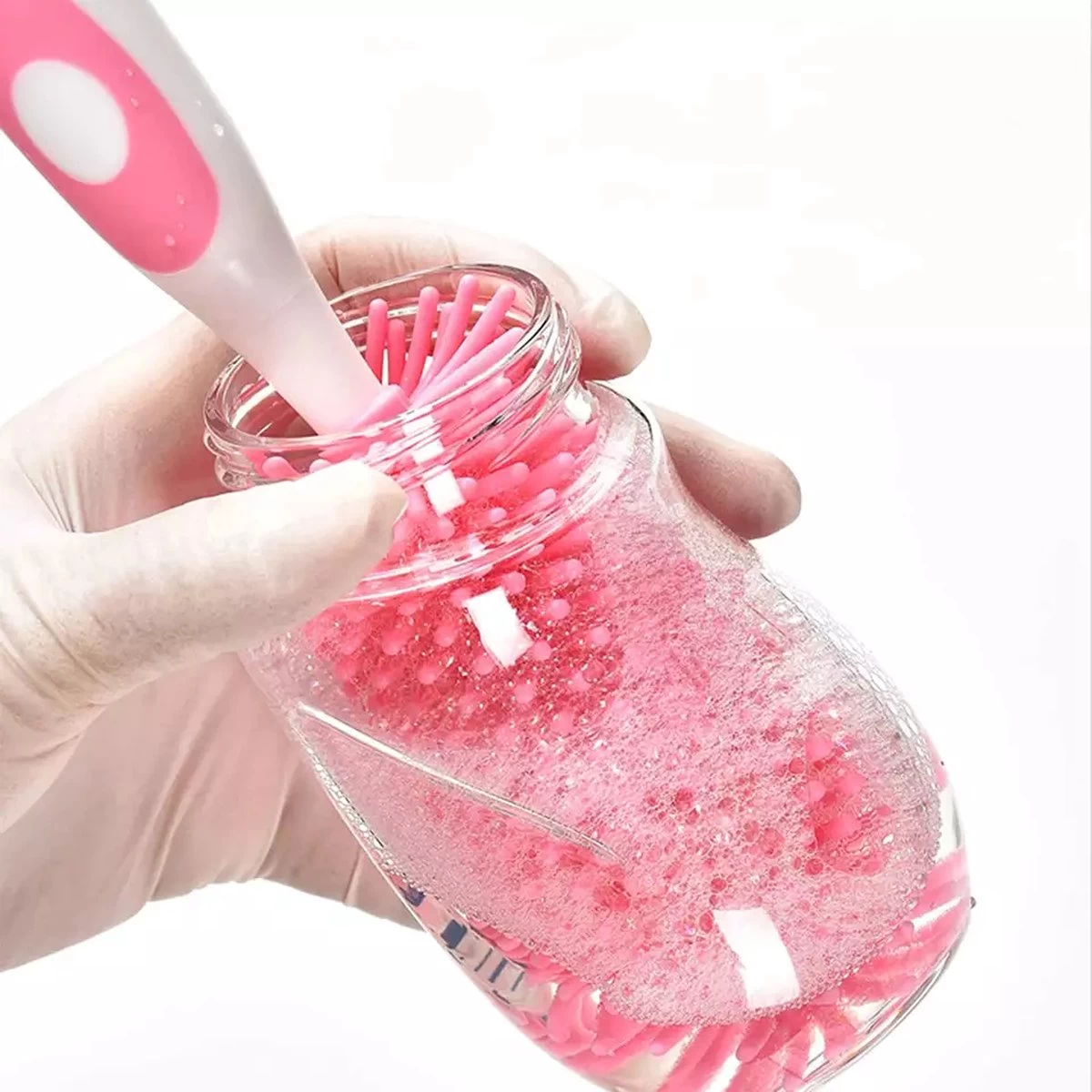 Merkloos Flessenborstel - Schoonmaakborstel Babyfles - Flessenreiniger - Fles Afwasborstel - Borstel Voor Drinkbus Of Drinkfles - Silicone - Duurzaam - Roze - Afbeelding 3
