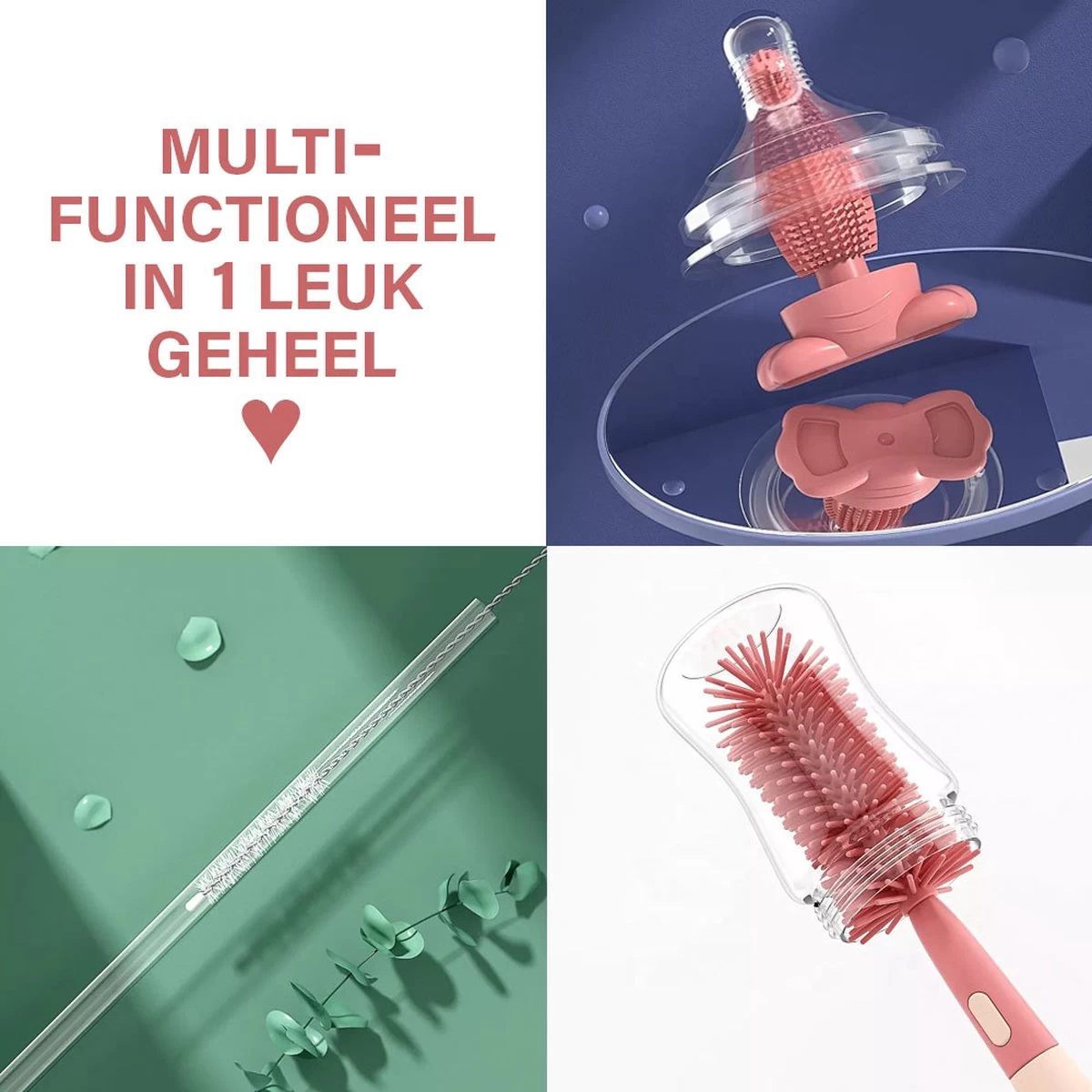 Baby Flessenborstel - Flessenreiniger - Flessenborstel Siliconen - Flesvoedingsaccessoires - BPA Vrij - Groen - 3 In 1 - Afbeelding 2