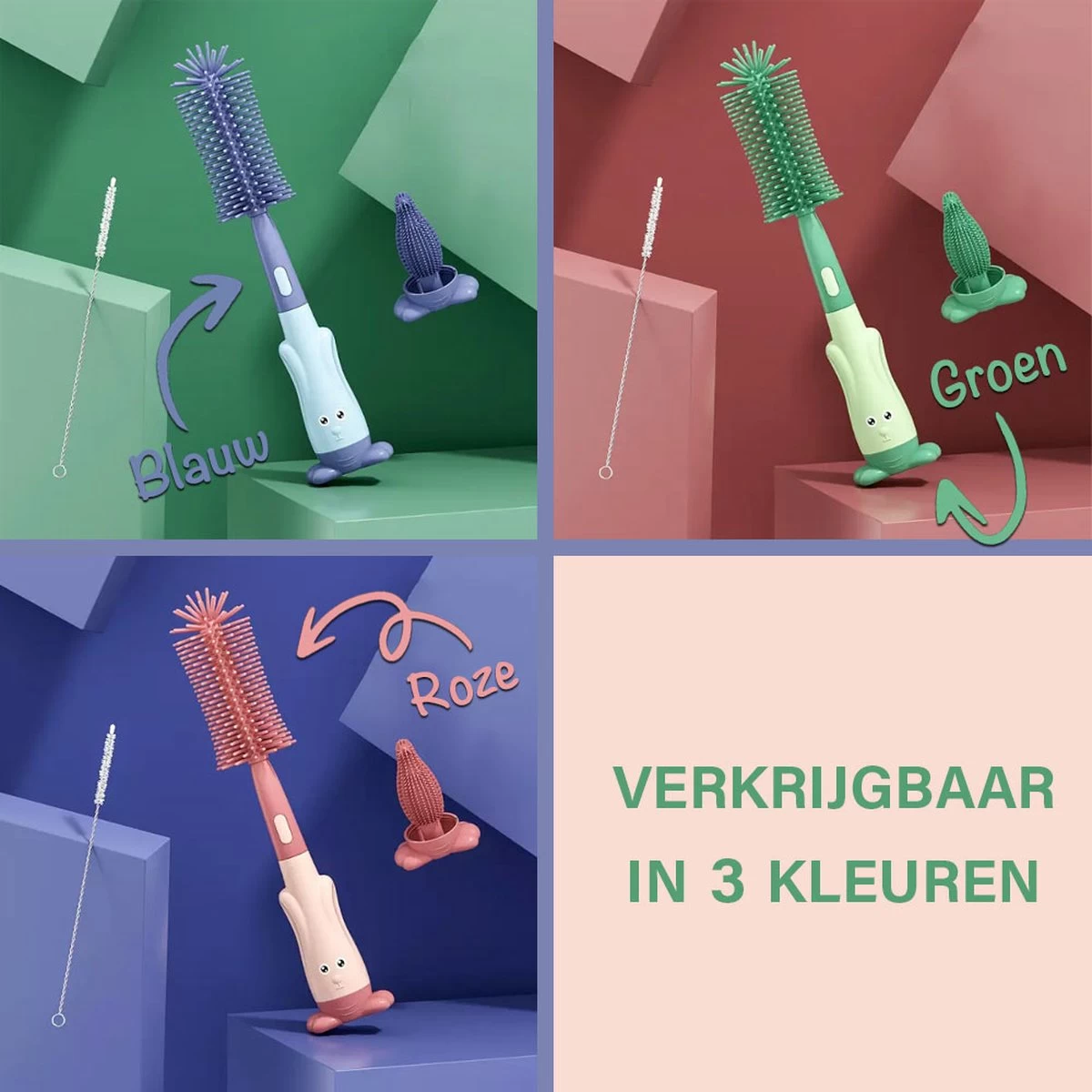 Baby Flessenborstel - Flessenreiniger - Flessenborstel Siliconen - Flesvoedingsaccessoires - BPA Vrij - Groen - 3 In 1 - Afbeelding 3
