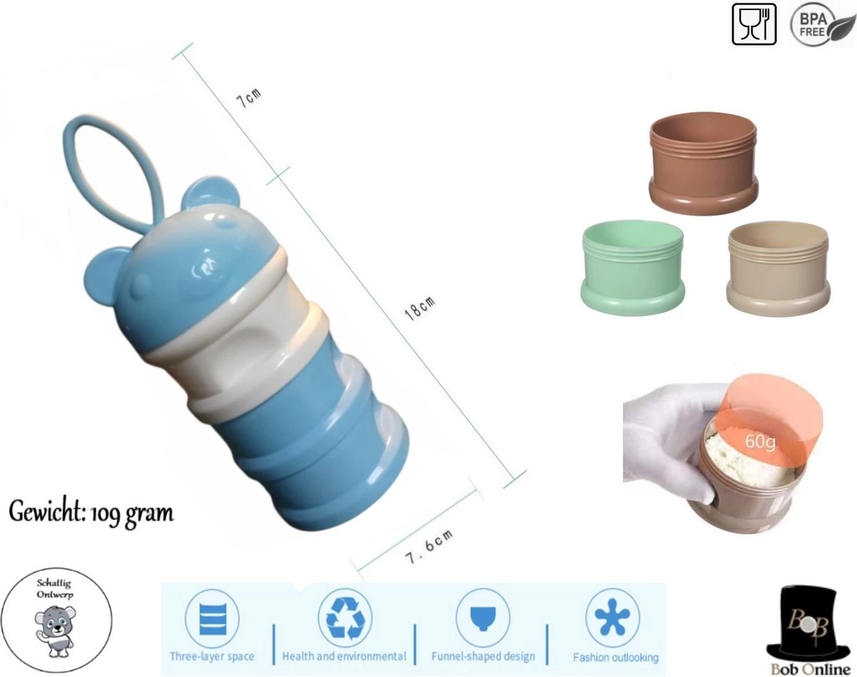 Bob Online ™ – Blauw Beer – Melkpoeder Doseerdoosje + Rietje – BPA-vrij – Melkpoeder Toren Blauw – Melkpoedertoren – Milk Powder Tower – Milk Powder Dispenser – Bewaar Bakjes – Reisbox – Bewaardoosje – Herbruikbaar Rietje – Baby Training Straw - Afbeelding 2