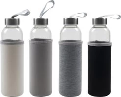 Glazen Fles - To Go - Inclusief Hoes - 500 ML - 4 Stuks