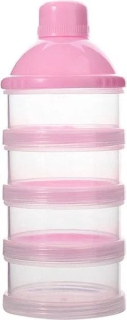 Merkloos Melkpoeder Doseerdoosje - BPA Vrij - Roze - 4 Lagen -Melkpoeder Toren - Babypoeder Bewaarbakje - Reisbox - Dispenser - Poedertoren
