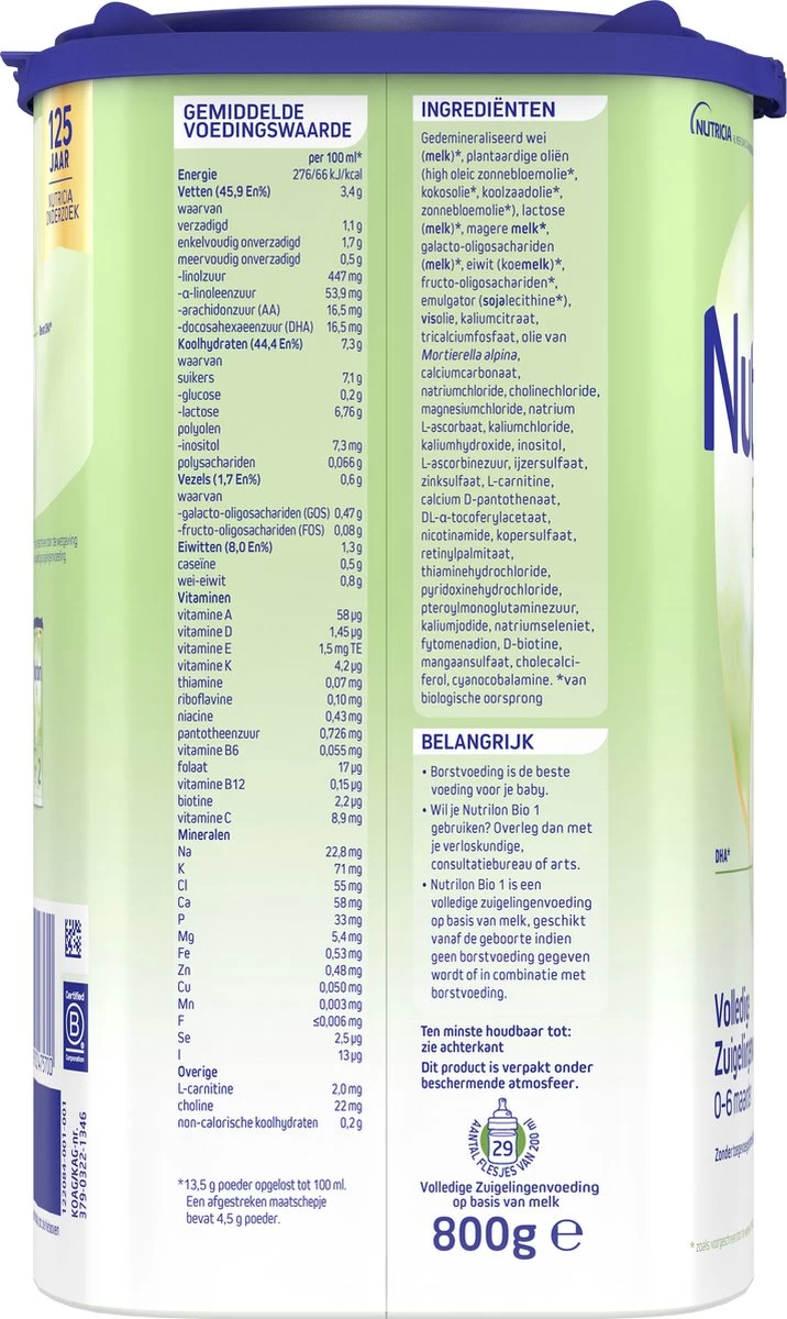 Nutrilon Bio 1 - Volledige Zuigelingenvoeding 0-6 Maanden - 800g - IE-ORG-02 - Afbeelding 4