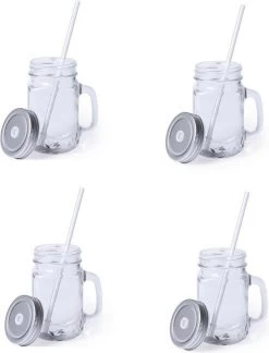 Merkloos 4x Stuks Glazen Mason Jar Drinkbekers - Zilvergrijze Dop En Rietje - 500 Ml