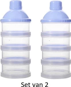 Merkloos Melkpoeder Doseerdoosje - Set Van 2 - BPA Vrij - Blauw - 4 Lagen -Melkpoeder Toren - Babypoeder Bewaarbakje - Reisbox - Dispenser - Poedertoren