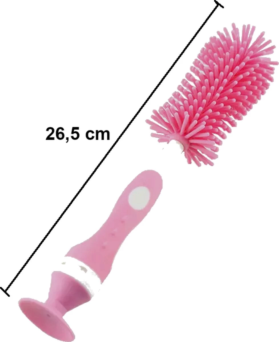 Merkloos Flessenborstel - Schoonmaakborstel Babyfles - Flessenreiniger - Fles Afwasborstel - Borstel Voor Drinkbus Of Drinkfles - Silicone - Duurzaam - Roze - Afbeelding 2