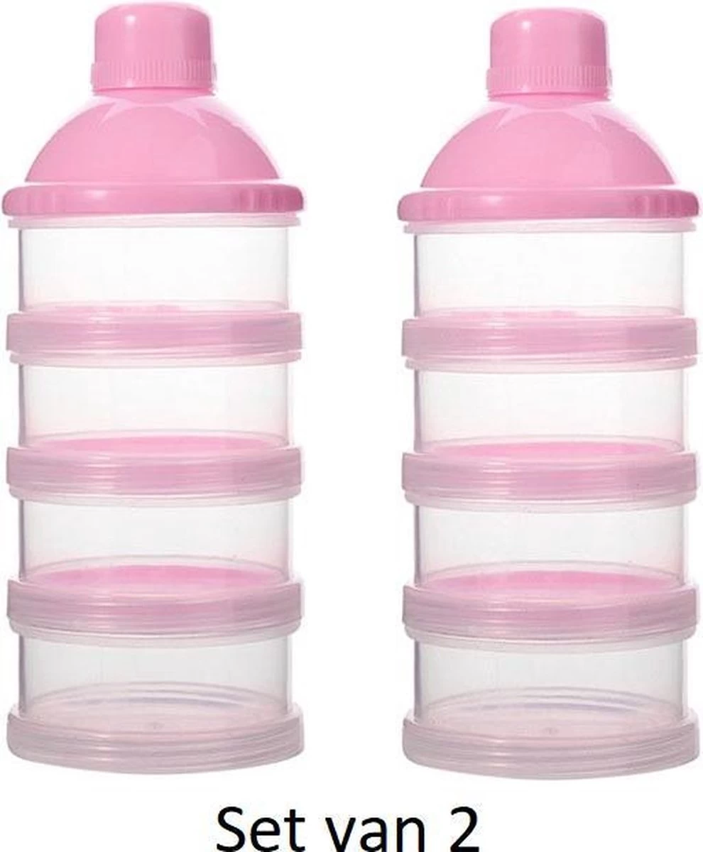Merkloos Melkpoeder Doseerdoosje - Set Van 2 - BPA Vrij - Roze - 4 Lagen -Melkpoeder Toren - Babypoeder Bewaarbakje - Reisbox - Dispenser - Poedertoren